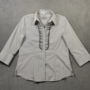 Foxcroft Blouse Women's Black White Gingham Ruffle Button Front Size 8